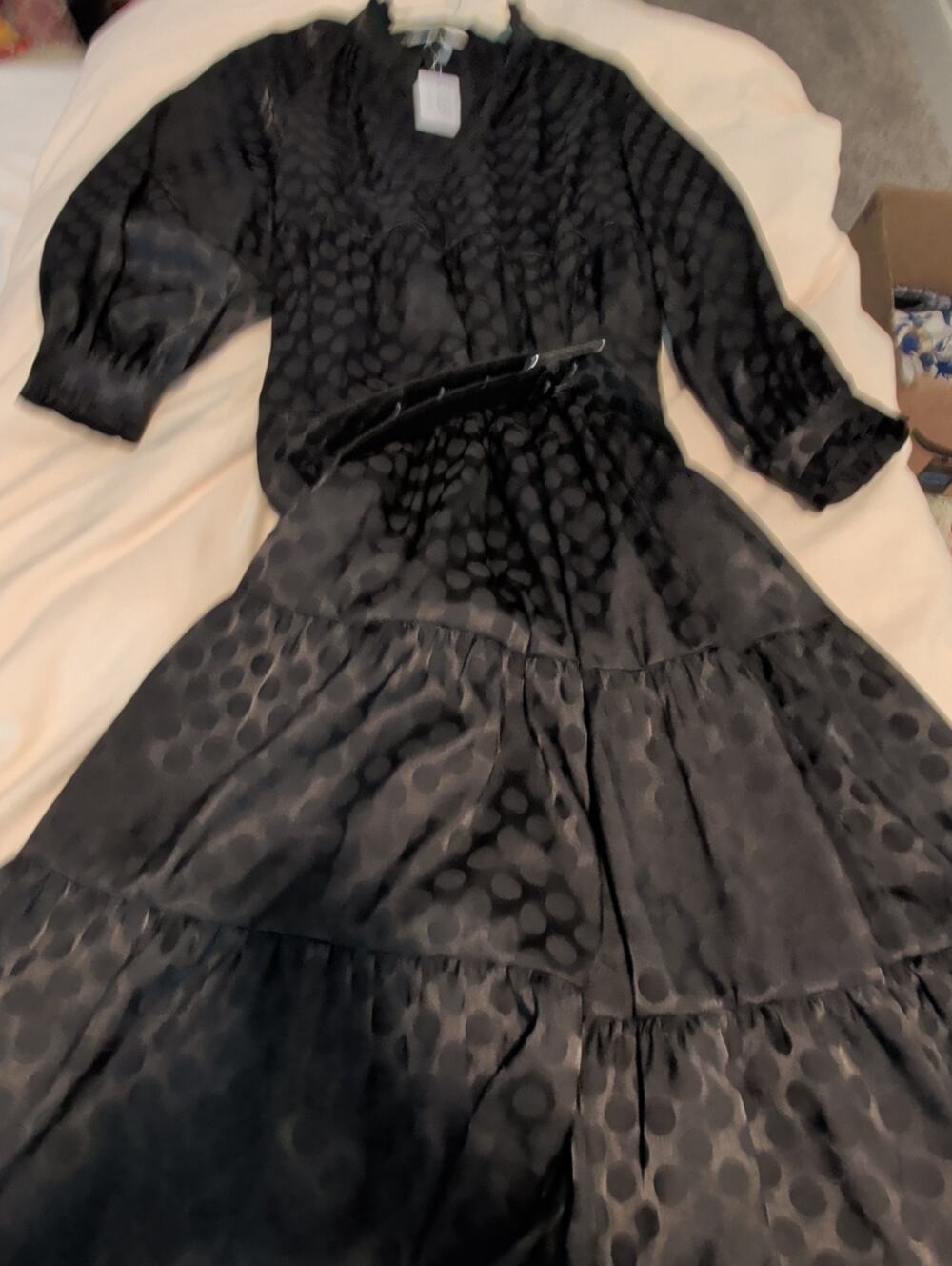 CROSBY by Mollie Burch Black Polka Dot Satin Jacquard Tiered Maxi Dress NWT